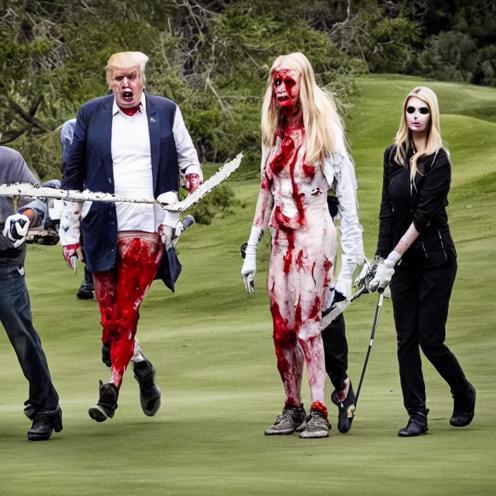 Prompt: zombie donald trump jr. and his chainsaw wielding sister zombie ivanka are eating trump voters on the golf course. professional photography