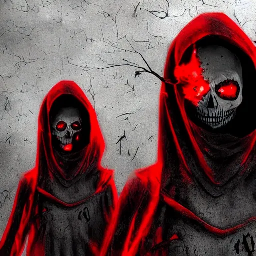 Image similar to a dark hooded skeletal figure, behind zombies, with red magic streaks, hd, digital art, photorealistic, by anson maddocks