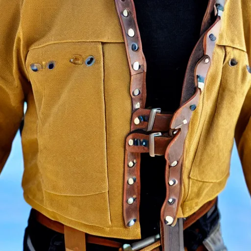 Prompt: young thin native American man wearing cargo buckskin jacket buckskin tactical toolbelt pockets bandolier, shaman deadlands, weird west