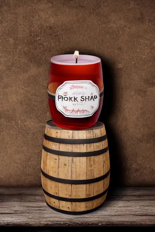 Prompt: pork schnapps wine candle on a barrel in a cellar