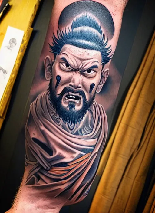 Image similar to highly detailed portrait of sangoku, photographic realistic background, by greg rutkowski, by greg tocchini, by joe fenton, by nikkohurtado, by stevebutchertattoos, by den _ yakovlev, by niki 2 3 gtr, by sivak _, by tonysantos _ tattoo, trending on instagram, award winning details