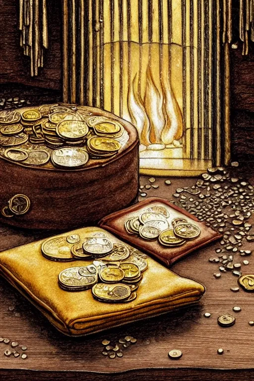 Prompt: leather pouch and scattered gold coins on a wooden table with cozy fireplace in the background, warm lighting, fantasy, intricate, elegant, highly detailed, digital painting, artstation, concept art, matte, sharp focus, illustration, art by kay nielsen and walter crane, illustration style, watercolor