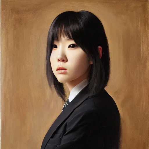 Image similar to portrait of a beautiful korean girl with long hair and bangs wearing a tuxedo an angry expression, oil on canvas, elegant pose, masterpiece, Jonathan Yeo painting