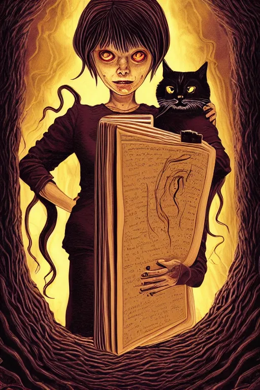 Image similar to stephen king illustration of romantic girl, her cat and her book of necronomicon, symmetrical, cinematic, sharp focus, 4 k, ultra hd, sense of awe, sinister demonic atmosphere, dreadful, forbidden knowledge, old gods, cthulhu, yog - sothoth! yah, yah, yah! cultist journal cover