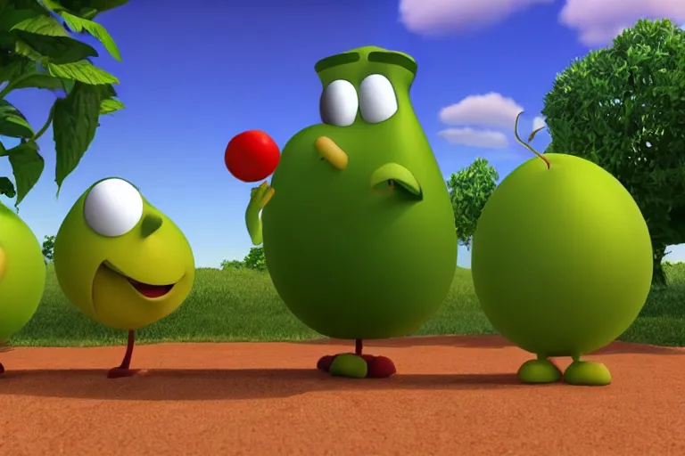 Prompt: veggietales rendered with a modern ray tracing render engine