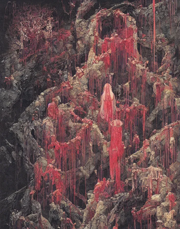 Image similar to worshippers in robes ascend a spiral staircase, spiral staircase, interior, beksinski painting, part by adrian ghenie and gerhard richter. art by takato yamamoto. masterpiece, deep colours