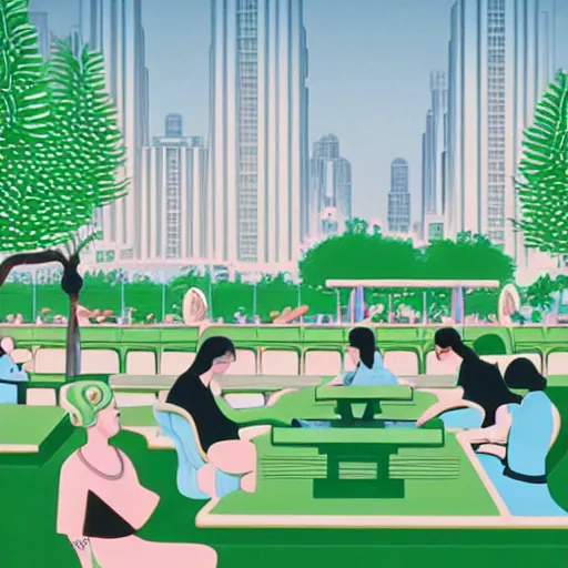 Image similar to art deco vaporwave illustration of a park with trees, benches, and people playing mahjong, with a futuristic pastel city in the background