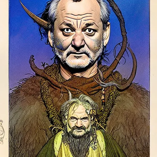 Image similar to a realistic and atmospheric portrait of bill murray as a druidic warrior wizard looking at the camera with an intelligent gaze by rebecca guay, michael kaluta, charles vess and jean moebius giraud