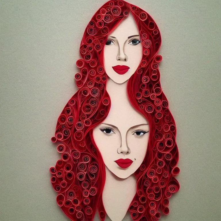 Prompt: young Scarlett Johansson with long red hair in the style of quilling