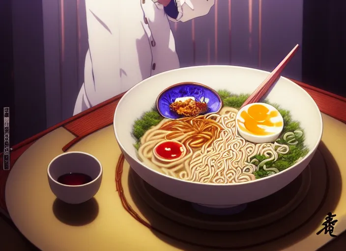 Prompt: a film still portrait of a bowl with ramen, finely detailed features, closeup at the food, perfect art, at a dinner table, gapmoe yandere grimdark, trending on pixiv fanbox, painted by greg rutkowski makoto shinkai takashi takeuchi studio ghibli, akihiko yoshida