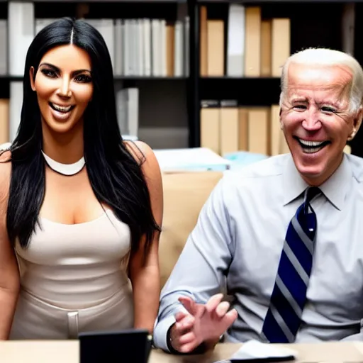 Image similar to stock photo of kim kardashian, and joe biden wearing suits and ties laughing in an office building, 8k resolution, full HD, cinematic lighting, award winning, anatomically correct