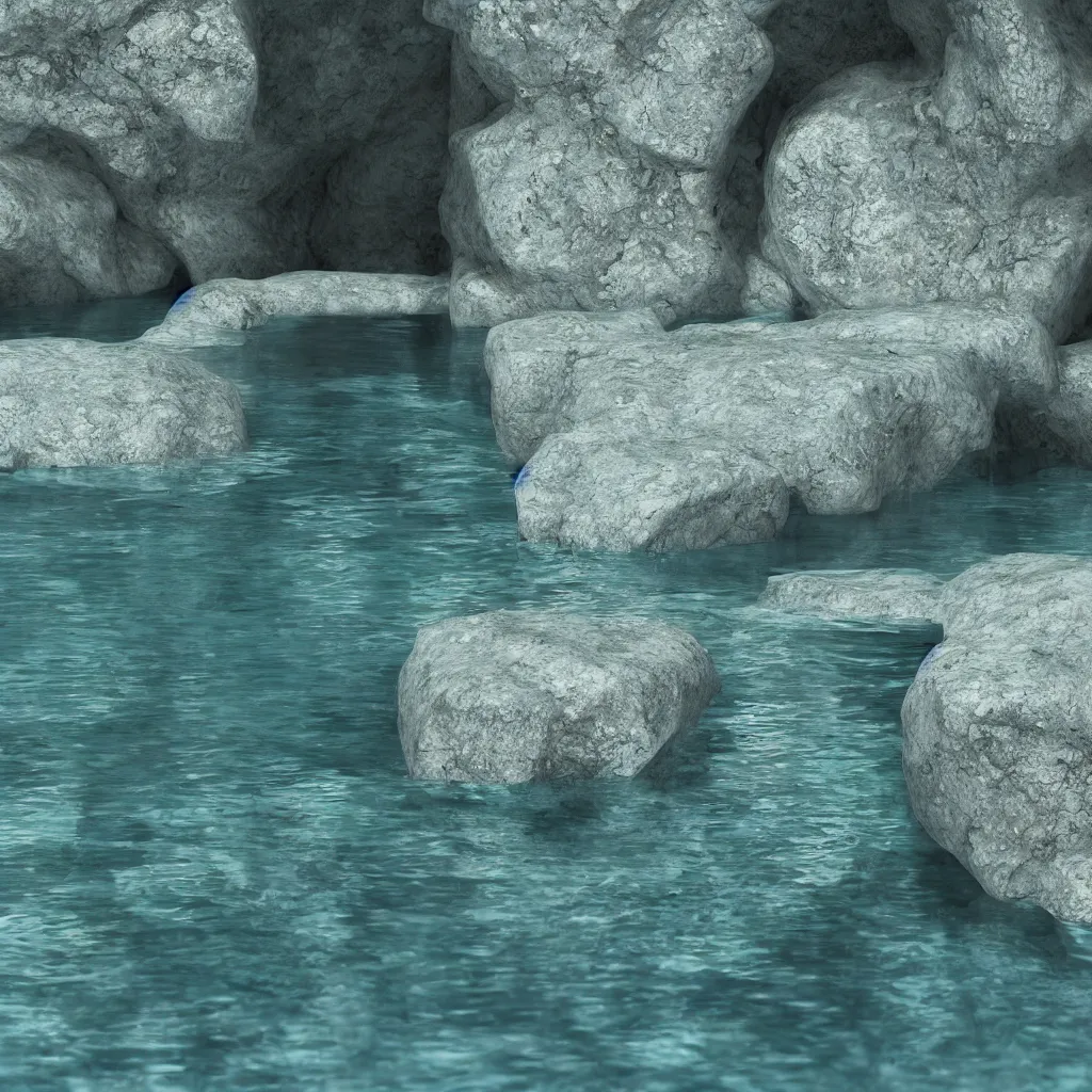 Prompt: greek island cave water reflecting on the stone, caustics, light, octane render, blender, c 4 d, maya