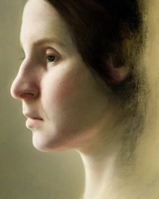 Image similar to cinematic portrait of young and severe woman with a crooked nose, intricate, elegant, by alyssa monks, highly detailed, symmetrical face, fine details, masterpiece, trending on artstation