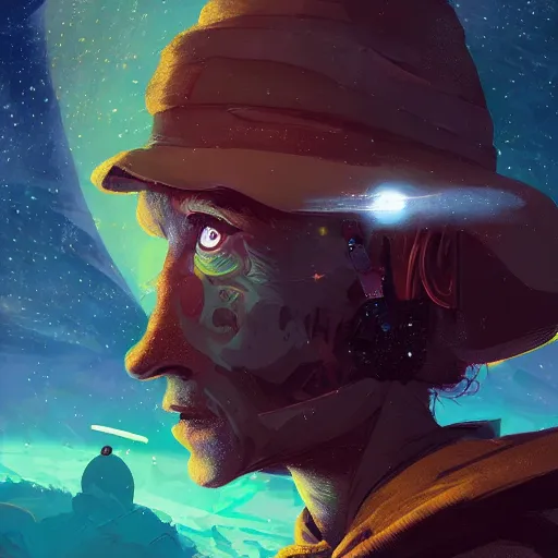 Image similar to snufkin in space, galaxy, elite dangerous, digital illustration portrait design, by android jones and greg rutkowski, retrowave color scheme, detailed, cinematic lighting, wide angle action dynamic portrait