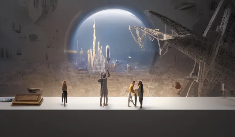 Image similar to gediminas pranckevicius group of people in simple white museum, looking at hologram of futuristic city on a table, cinematic concept art, godrays, golden hour, natural sunlight, 4 k, clear details, tabletop model buildings, center model buildings, hologram center, crane shot, crane shot, crane shot