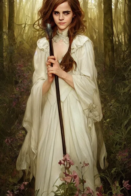 Image similar to beautiful cottagecore emma watson as hermione holding a magic wand, magical Hair, magical forest, intricate, elegant, highly detailed, digital painting, artstation, concept art, smooth, sharp, focus, illustration, art by artgerm and greg rutkowski and alphonse mucha