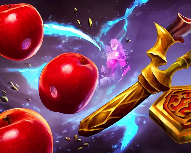 Image similar to League of legends champion splashart of a magical hammer hitting a red apple