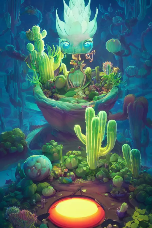 Image similar to roots cactus sushi cristal smurf ghost creature animal sushi cristal very big eye roots cactus elemental flush of force nature micro world fluo fishscale, behance hd by jesper ejsing, by rhads, makoto shinkai and lois van baarle, ilya kuvshinov, rossdraws radiating a glowing aura global illumination ray tracing hdr