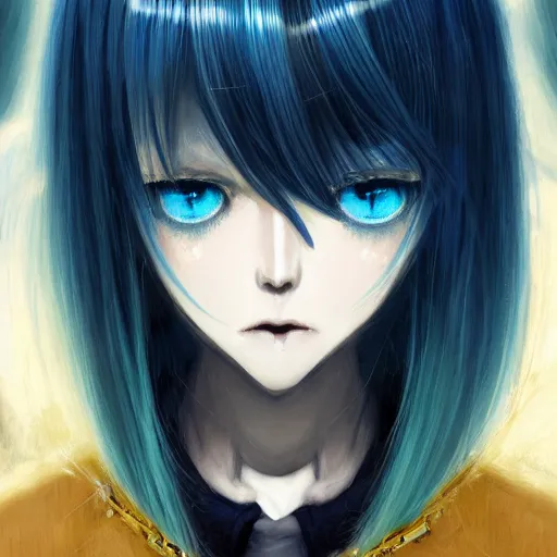 Prompt: face shot of rimuru tempest, sky blue straight hair, long bangs, with amber eyes, gold eyes, wearing a black jacket, high collar, ultra detailed, brush strokes, digital painting, cinematic, wlop artstation, closeup, pixiv, eerie, scary, intimidating glare, evil, yoshitaka amano, junji ito,