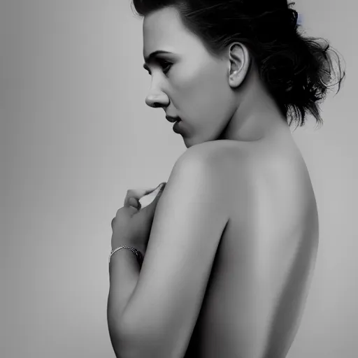 Image similar to beautiful portrait photo of Scarlett Johansson, 85mm, white studio backdrop. She is bending over to pick something important up. you cannot see her face in the image.