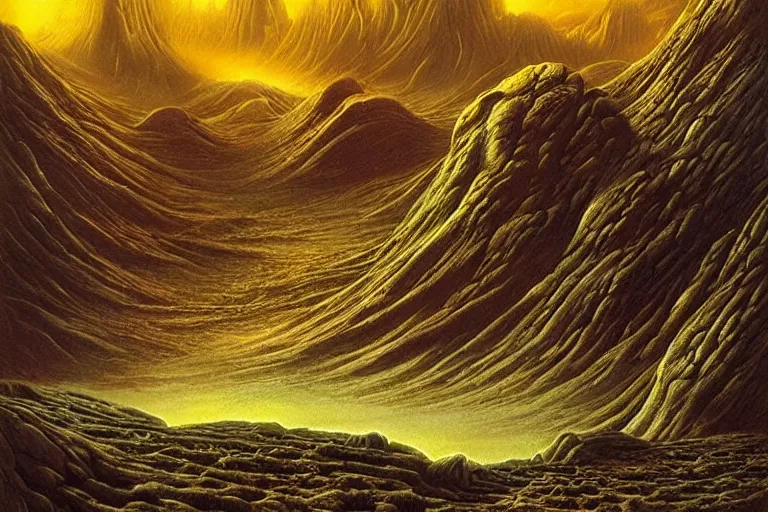 Prompt: strange breathtaking alien landscape, matte painting by david a. hardy, surreal, vivid colors