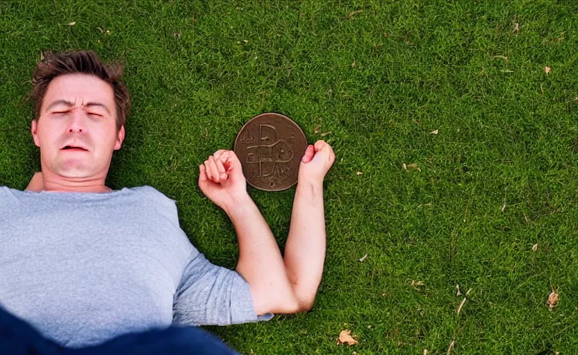 Prompt: man laying on grass with a giant penny