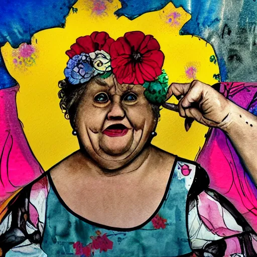 Prompt: of a very funny graffiti style watercolor painting of a sweet fat old woman is in love with her self. flowery dress. symmetrical face, red mouth, blue eyes. a flowery dress. deep focus, lovely scene. a very funny and sweet picture. unreal engine. pencil and ink. goya painting style.