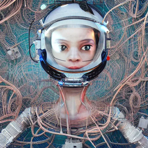 Image similar to space station on the moon, piles of modular synth cables mixed with mangrove roots, kawaii puerto rican goddess staring through your soul wearing a headpiece made of circuit boards, by cameron gray, wlop, stanley kubrick, masamune, hideki anno, jamie hewlett, unique perspective, eastman color, trending on artstation, cinematic, 3 d render, muted neon