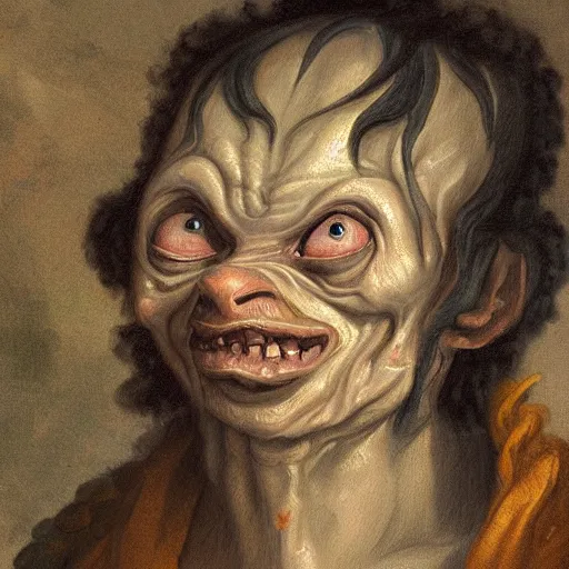 Prompt: a rococo oil painting of gollum