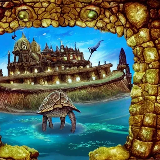 Prompt: fantasy, ancient city located on the back of a turtle floating on water