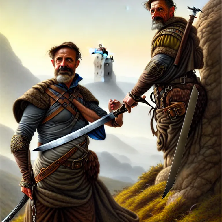 Image similar to middle age ranger with rugged expressions falcon pet on his shoulder holding a long sword, top a cliff observing old ruins of a castle, elegant clothing, photorealistic render, matte painting, highly detailed, artstation, smooth, sharp focus, art by michael whelan, artgerm, greg rutkowski