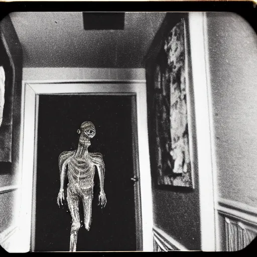 Image similar to a terrifying zombie at the end of a hallway, dark!, creepy, nightmare fuel!!!, fungus monster, horror, horrifying, unsettling, uncanny valley!, old polaroid, expired film,