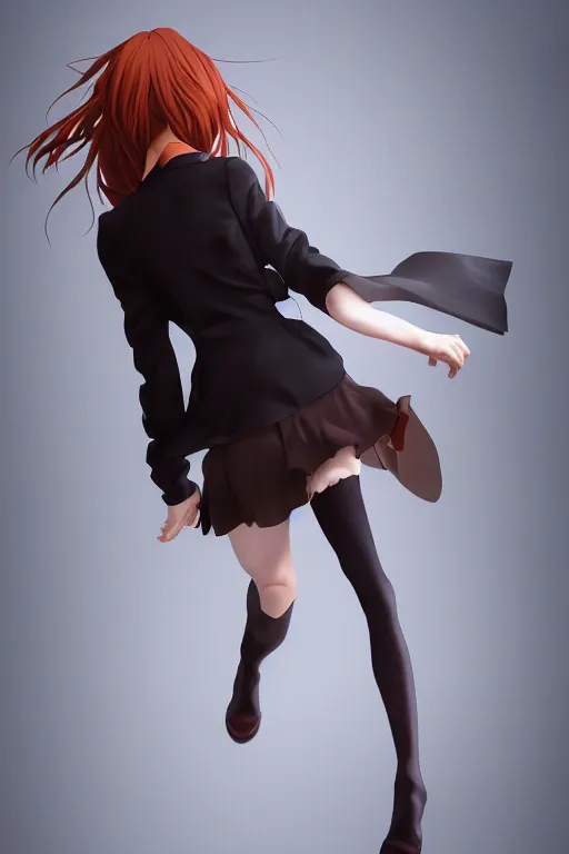 Image similar to Very complcated dynamic composition, realistic anime style at Pixiv, Zbrush sculpt colored, Octane render in Maya and Houdini VFX, young redhead girl in motion, wearing jacket and skirt, silky hair, black stunning deep eyes. By ilya kuvshinov, krenz cushart, Greg Rutkowski, trending on artstation. Amazing textured brush strokes. Cinematic dramatic soft volumetric studio lighting