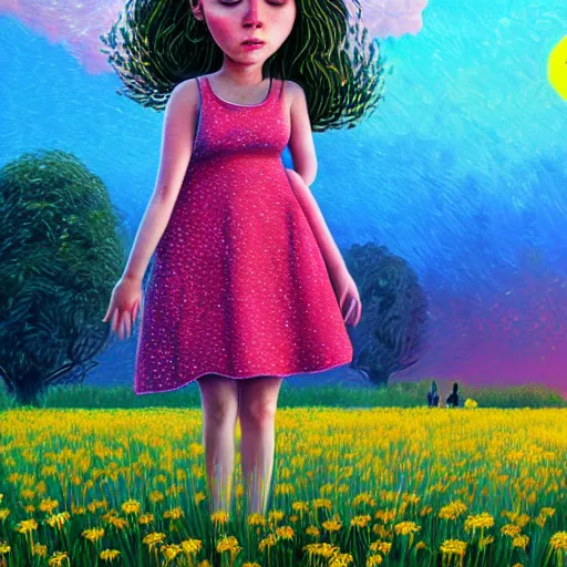 Image similar to girl with dandelion head, surreal photography, dream, standing in flower field, hills, big trees, sunrise dramatic light, impressionist painting, colorful clouds, digital painting, pointillism, artstation, simon stalenhag