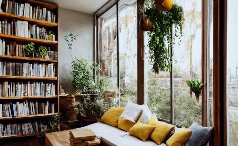 Prompt: interior desing magazine photo of a big window with a wooden frame to sit on, some sandy yellow pillows, there are some books on a small integrated shelf, hanging plants, great architecture, ambient light, 8k