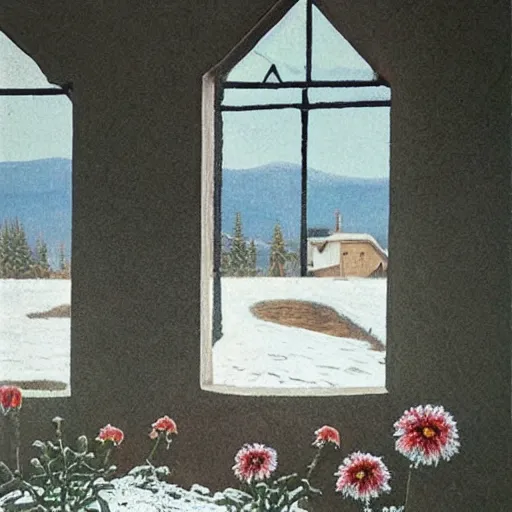 Prompt: It snows inside a ruined, roofless house. Flowers are left to wither in a vase. Painting by Alex Colville