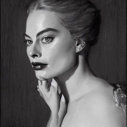 Prompt: portrait of Margot Robbie, antebellum dress, b&w shading, by Ilya Repin, and Greg Rutkowski