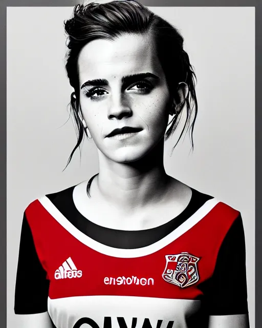 Image similar to a portrait of emma watson wearing lokomotiv football shirt, hyper realistic