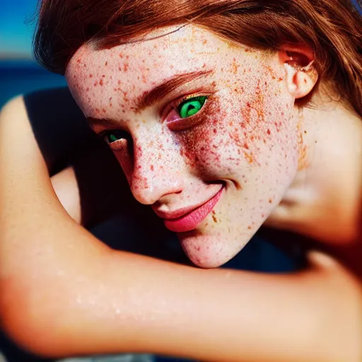 Prompt: portrait of a cute thin young woman, bronze brown hair, eye color is emerald green, red blush, a few freckles, smug smile, modern clothes, relaxing on the beach, golden hour, close up shot, 8 k, art by irakli nadar, hyperrealism, hyperdetailed, ultra realistic