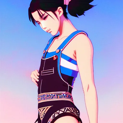 Image similar to a beautiful plus sized model japanese natalie portman, alluring, wearing mayan leotard with overalls, street fashion hip hop style with mayan patterns, aztec street fashion, gapmoe yandere grimdark, trending on pixiv fanbox, painted by greg rutkowski makoto shinkai takashi takeuchi studio ghibli, akihiko yoshida