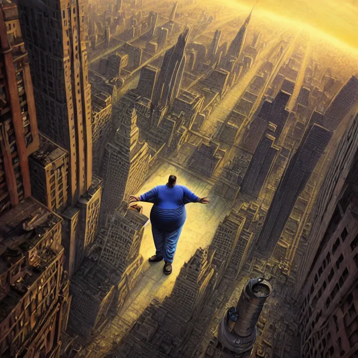 Prompt: hyperrealistic mixed media portrait of a giant moridly obese man crushing a helpless city under his feet, despair, depressing and hopeless vibe, stunning 3d render inspired art by P. Craig Russell and Barry Windsor-Smith + perfect facial symmetry + dim volumetric lighting, 8k octane beautifully detailed render, post-processing, extremely hyperdetailed, epic composition, grim yet sparkling atmosphere, cinematic lighting + masterpiece, trending on artstation