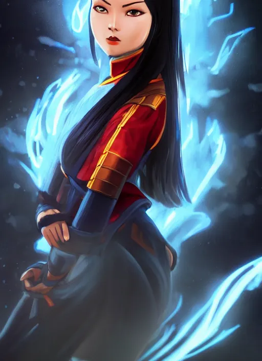 Image similar to azula from avatar the last airbender posing, blue flames, dark atmosphere, cinematic shot, intricate, ornate, photorealistic, ultra detailed, realistic, 1 0 0 mm, photography, octane, high definition, depth of field, realism, 8 k, artstation