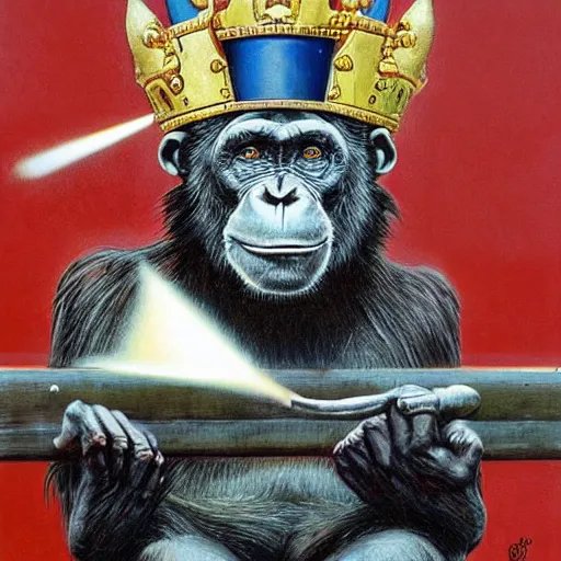 Prompt: casual by peter elson. a street art that features a chimpanzee surrounded by a castle turret. the chimp is shown wearing a crown & holding a scepter, & the castle is adorned with banners.