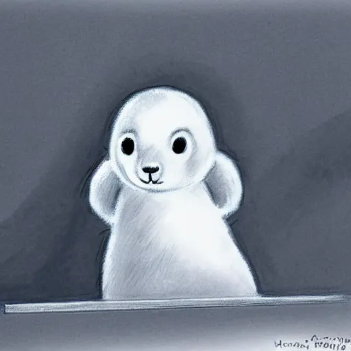 Image similar to a baby harp seal in an orange prisoner jumpsuit at the witness stand, courtroom sketch