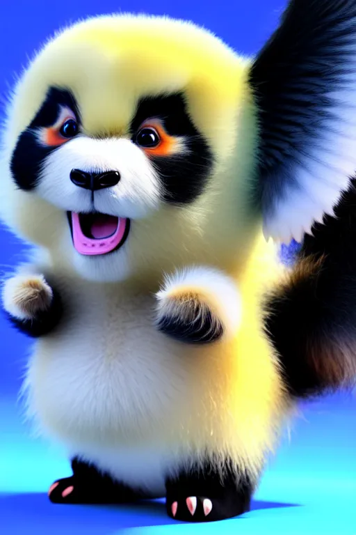 Image similar to high quality 3 d render hyperrealist very cute multicolor stripped fluffy! panda phoenix hybrid with wings!!!, highly detailed, vray smooth, in the style of detective pikachu, hannah yata charlie immer, dramatic blue light, low angle, uhd 8 k, sharp focus