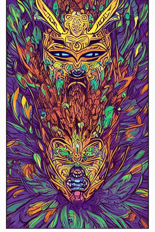 Image similar to animal mask totem roots flower tribal feather gemstone plant wood rock shaman vodoo video game vector cutout illustration vivid multicolor borderlands comics by josan gonzales and dan mumford radiating a glowing aura