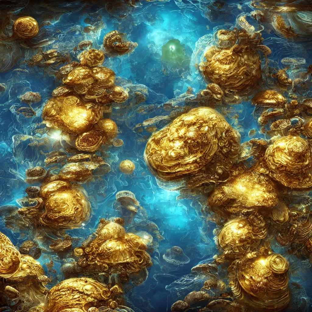 Image similar to mandelbulb gold rising from oceans, high detailed, island, jellyfish environment art, artstation, mushrooms, toad