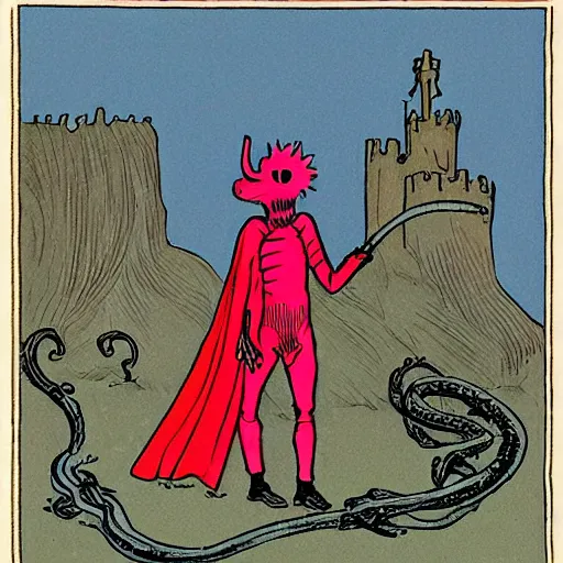 Image similar to synthwave exciting by kate greenaway, by jeff kinney. a beautiful illustration of a horned, red - eyed, skeleton - like creature, with a long black cape, & a staff with a snake wrapped around it, standing in front of a castle atop a cliff.