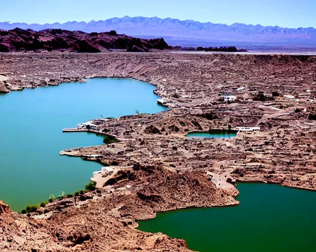 Prompt: there is a void made of teeth in lake havasu in the foreground with water reflections. my teeth are sharp. tourist trap.