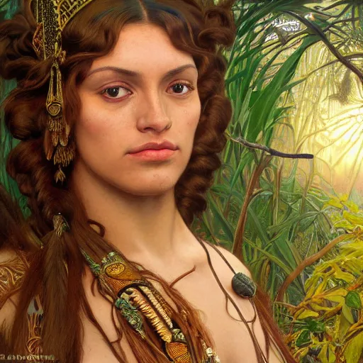 Prompt: portrait of a beautiful alluring female aztec queen in a dense jungle at sunset, detailed, centered, digital painting, artstation, concept art, donato giancola, Dante Gabriel Rossetti, alphonse mucha, Joseph Farquharson, Joseph Christian Leyendecker, WLOP, Boris Vallejo, Breathtaking, 8k resolution, extremely detailed, beautiful, establishing shot, artistic, hyperrealistic, beautiful face, octane render